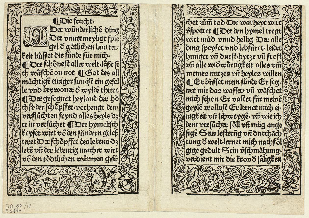 Devocionální pasáže s ornamentálními okraji z Andächtig Zeitglöcklein des Leben und Leidens Christi, deska 17 z dřevorytů z knih 15. století od Unknown artist