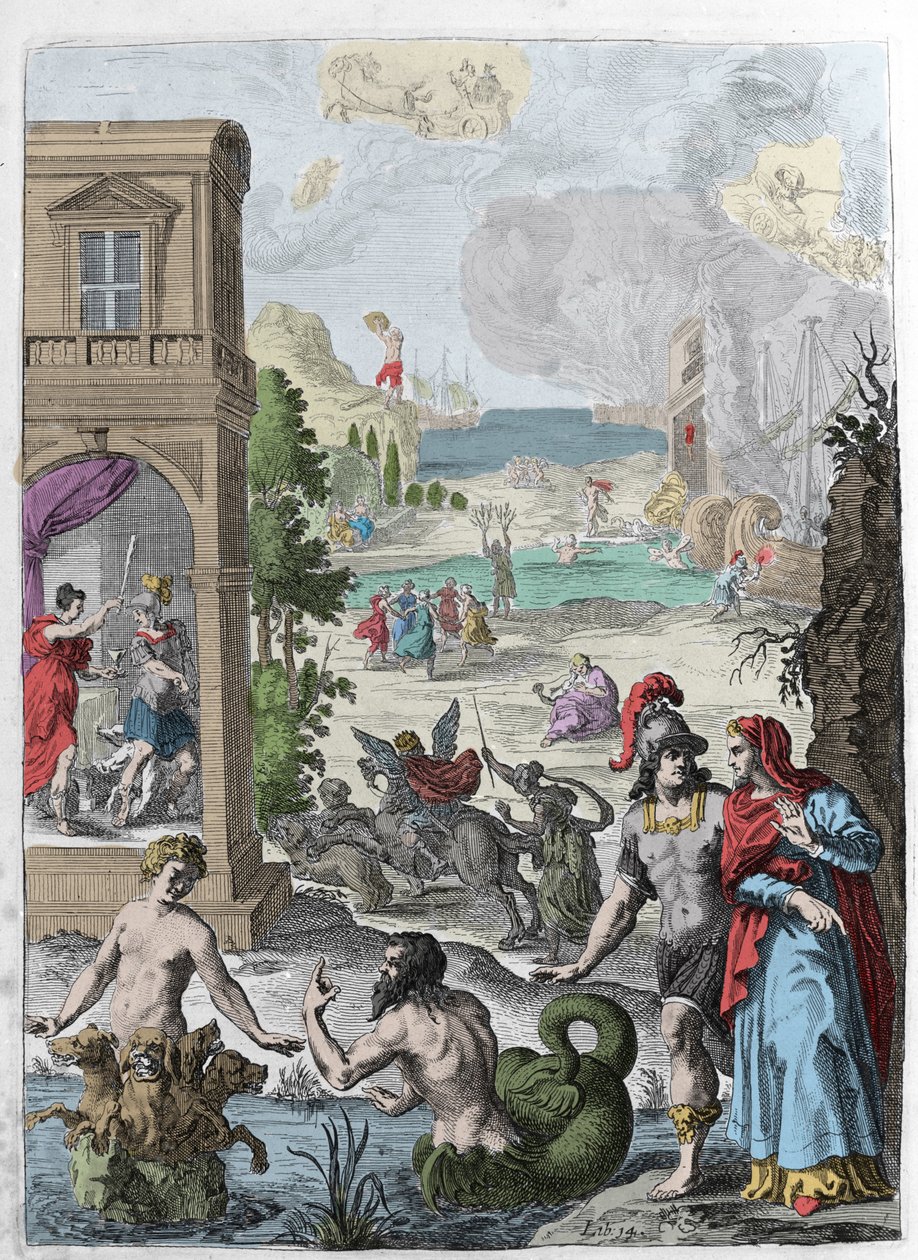 Různé metamorfózy, v popředí Skylla a do ní zamilovaný mořský bůh Glaucos, v pozadí oběšený Iphis rejetes od Anaxarete. Ilustrace převzatá z knihy XIV „“ Metamorphoses ““ (Metamorfosi) od Ovidea (43 př. nl-17 n. l.). Gravírování 1 od Unknown artist
