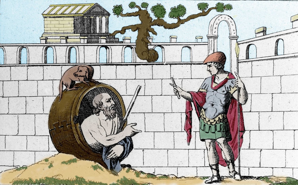 Diogenes Cynik (413-327 př. n. l.), řecký filozof, ve svém sudu říká Alexandru Velikému: „Uvidíš mé slunce“. od Unknown artist