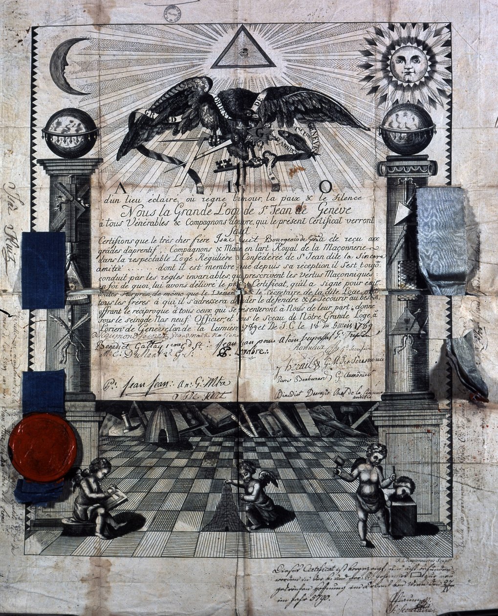 Diplom Isaaca Huita jako společníka a mistra v královském zednickém umění, udělený v roce 1789 Velkou lóží St-Jean v Ženevě. od Unknown artist