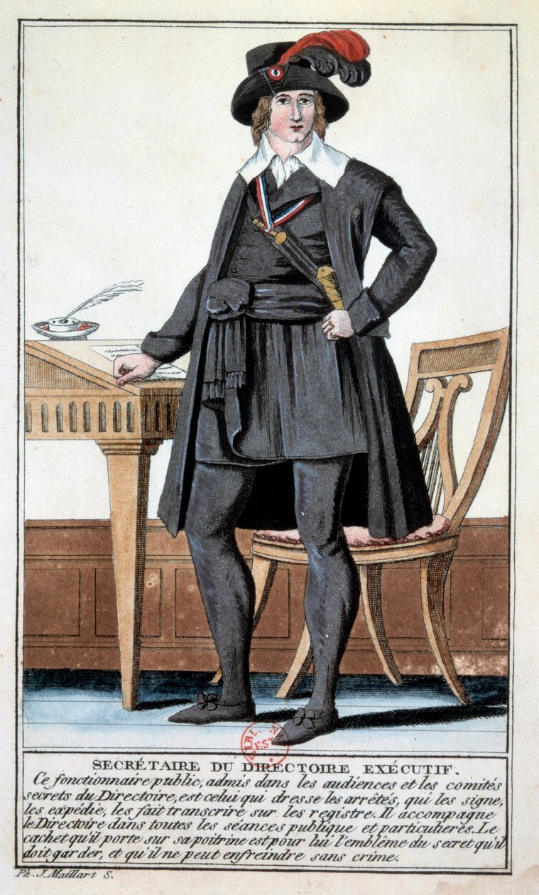Režie: kostým jako sekretářka výkonné rady. Rytina z 18. století. Paříž, B.N. od Unknown artist