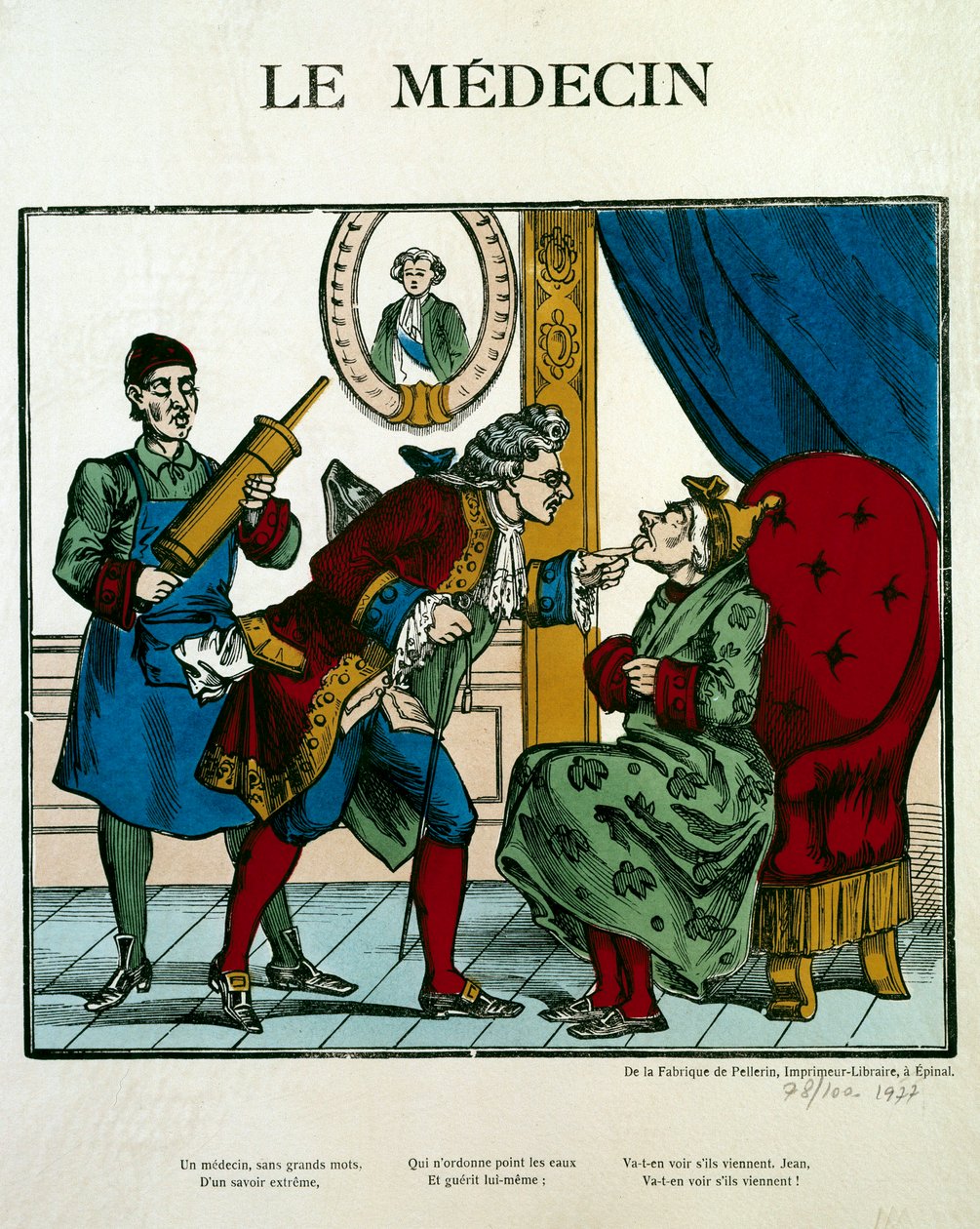 Doctor Scene představující lékaře vyšetřujícího pacienta, jeho asistent za ním drží klyster. Rytina Paříže 19. století, B.N. od Unknown artist