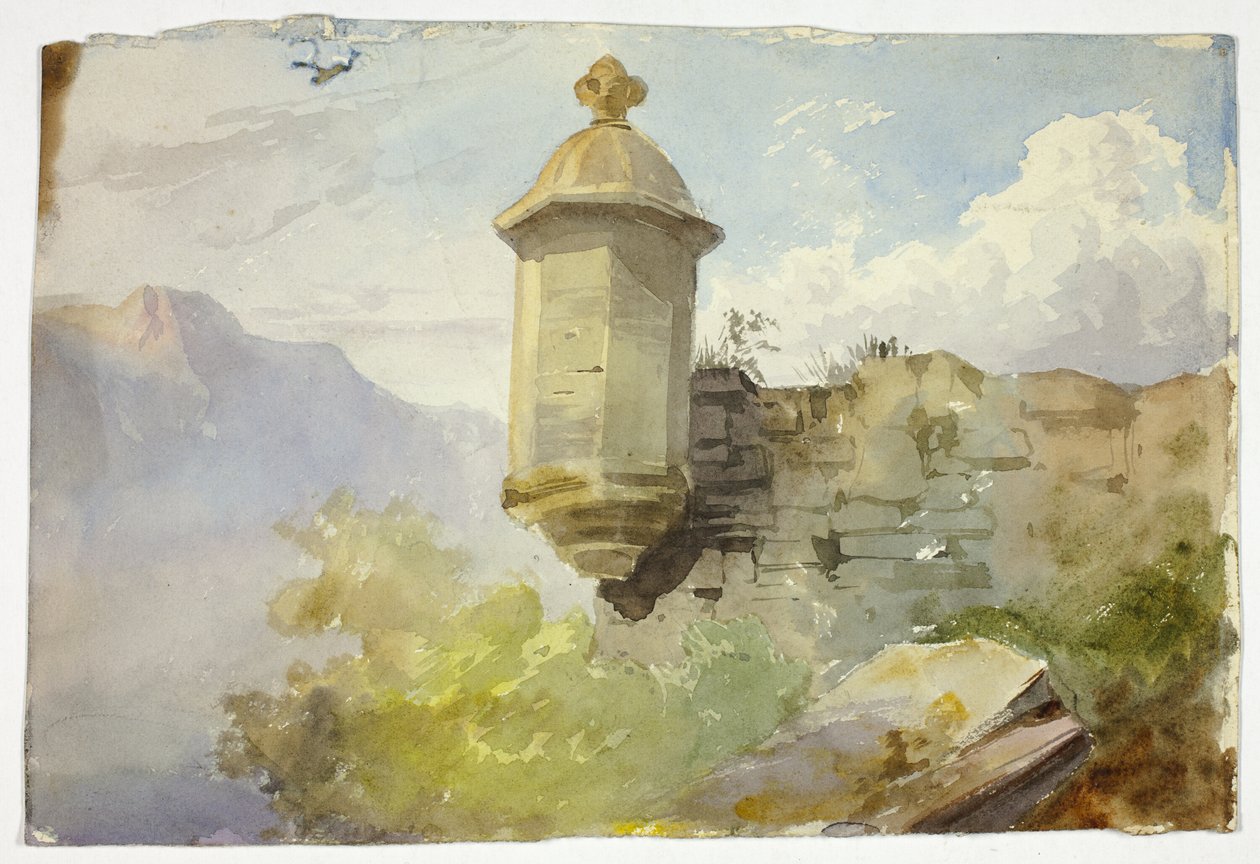 Vyhlídka s kopulí na zdi v horské krajině (recto); postavy přecházející most před horou (verso) od Unknown artist