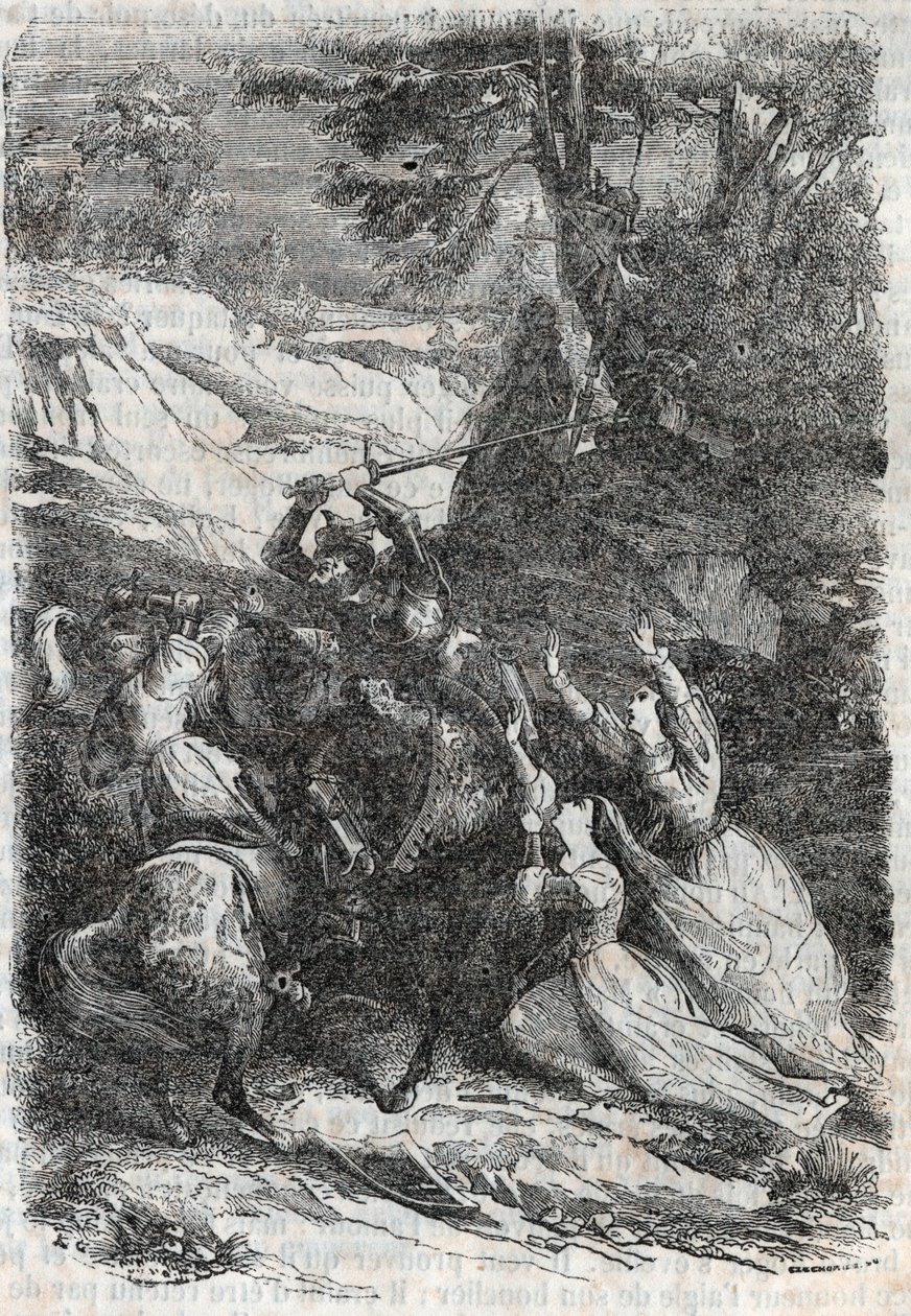 Doralice a Isabelle chtějí oddělit Mandricard a Zerbin - rytina z roku 1851 od „“ Roland furieux““ od Unknown artist