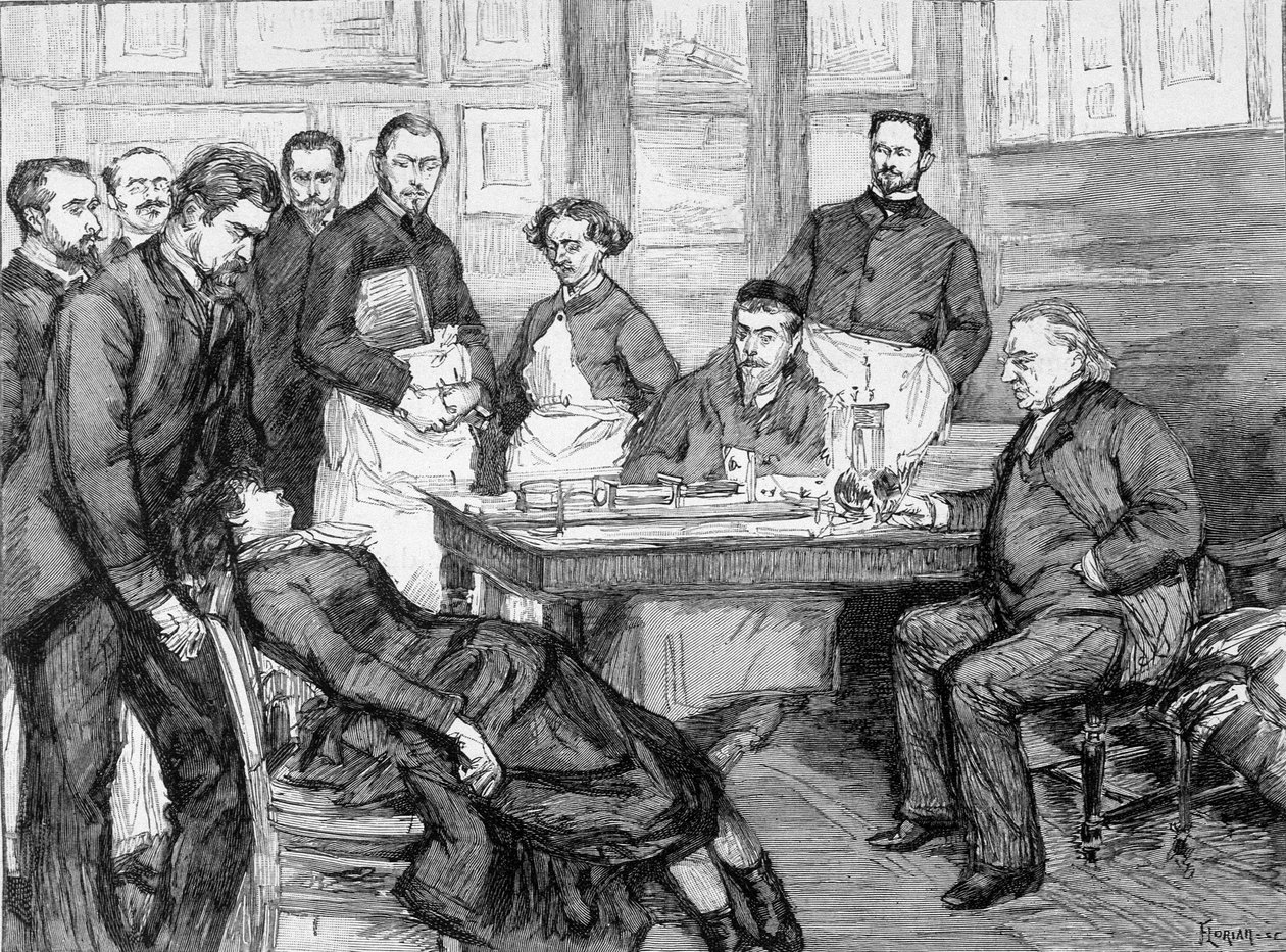 Zkušenost Dr. Jeana Martina Charcota s pacientem ve škole psychiatrické léčebny v Salpetriere. Knihovna Charcot-Salpetriere. od Unknown artist