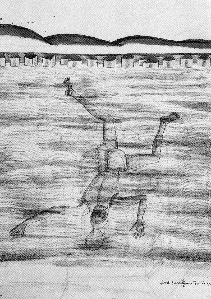 Kresba z 15. století zobrazující muže, jak jde do vody s nějakou maskou. od Unknown artist