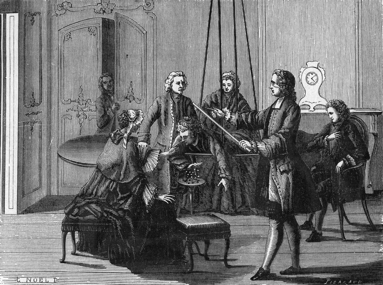 Dufayova zkušenost. Charles François Du Fay (Dufay?) (1698 - 1739), francouzský chemik a fyzik, ukázal, že z lidského těla lze vykřesat elektrické jiskry. Rytina z vědeckého alba. Francie 19. století. od Unknown artist