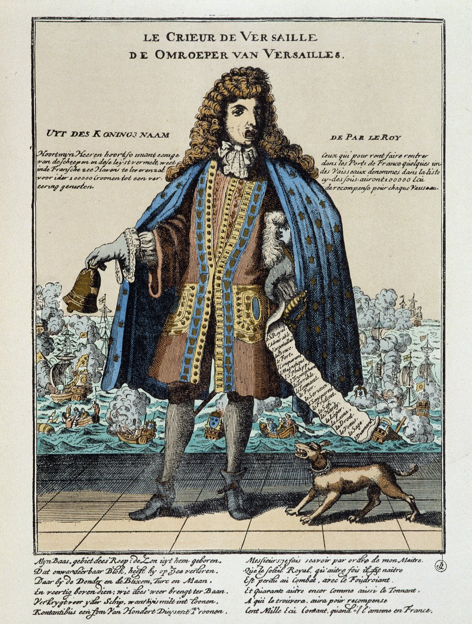 Holandský satirický tisk proti Ludvíku XIV.: Bitva u Hougue nebo francouzské flotile, vyzbrojené k obnovení Jacques II. a pod velením Anne Hilarion z Costentinu (Cotentin), hraběte z Tourville (1642-1701), byl poražen a částečně zničen 29. května 1692 . od Unknown artist