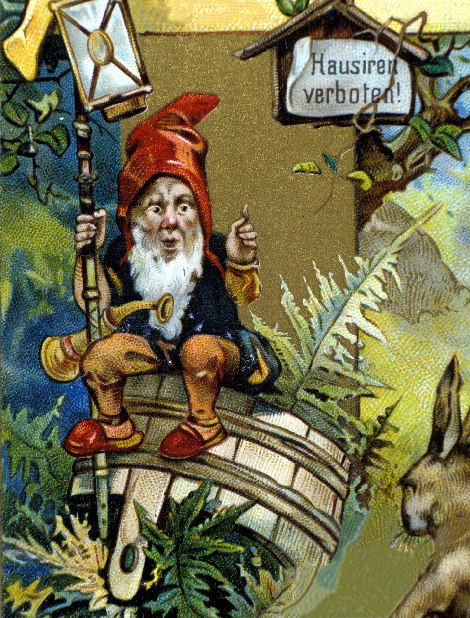 Trpaslík nebo farfadet s lucernou. Chromolitografie 19. století. od Unknown artist