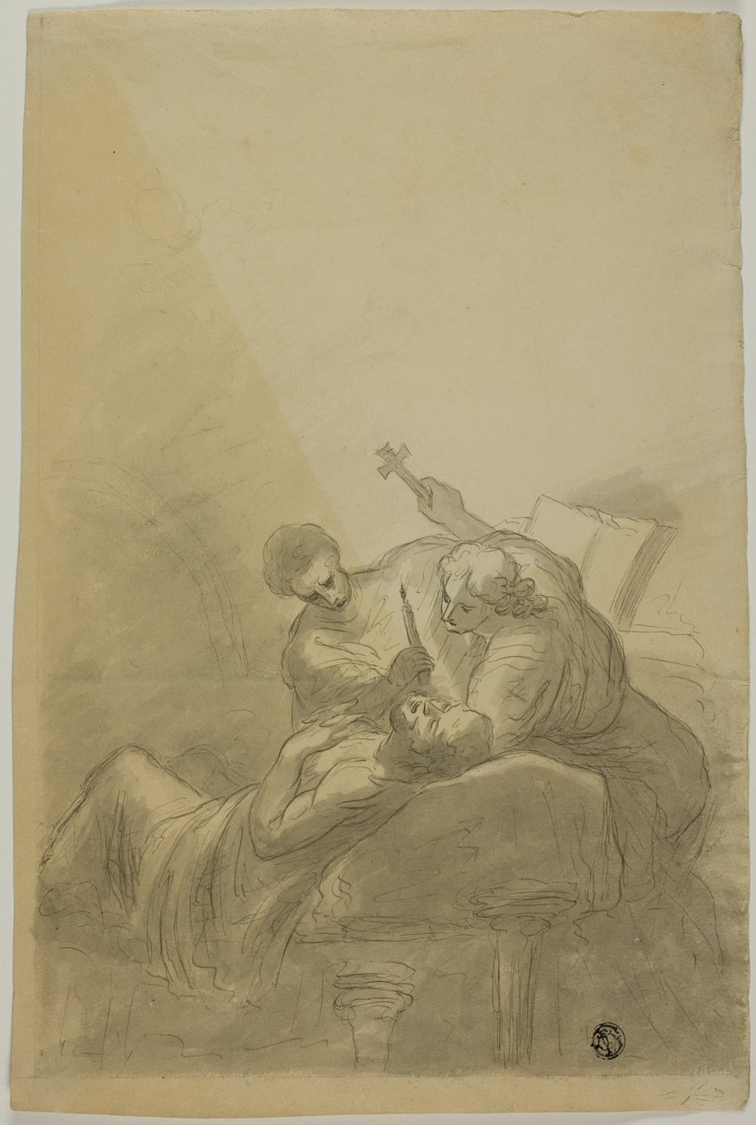 Umírající muž navštěvovaný dvěma postavami držícími svíčku, knihu a kříž od Unknown artist