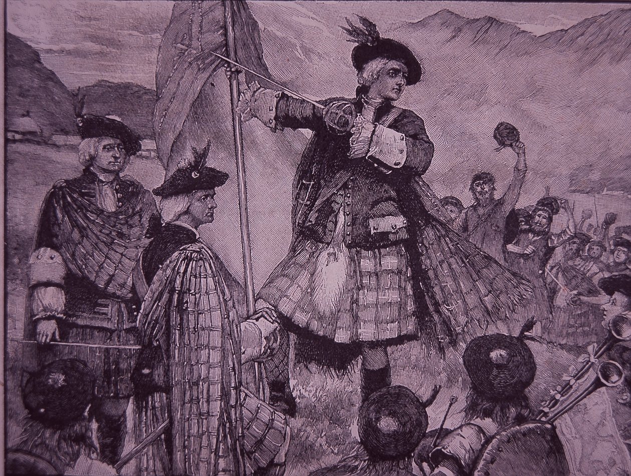 Earl of Mar zvyšuje jakobitský standard v roce 1715 (rytina) od Unknown artist