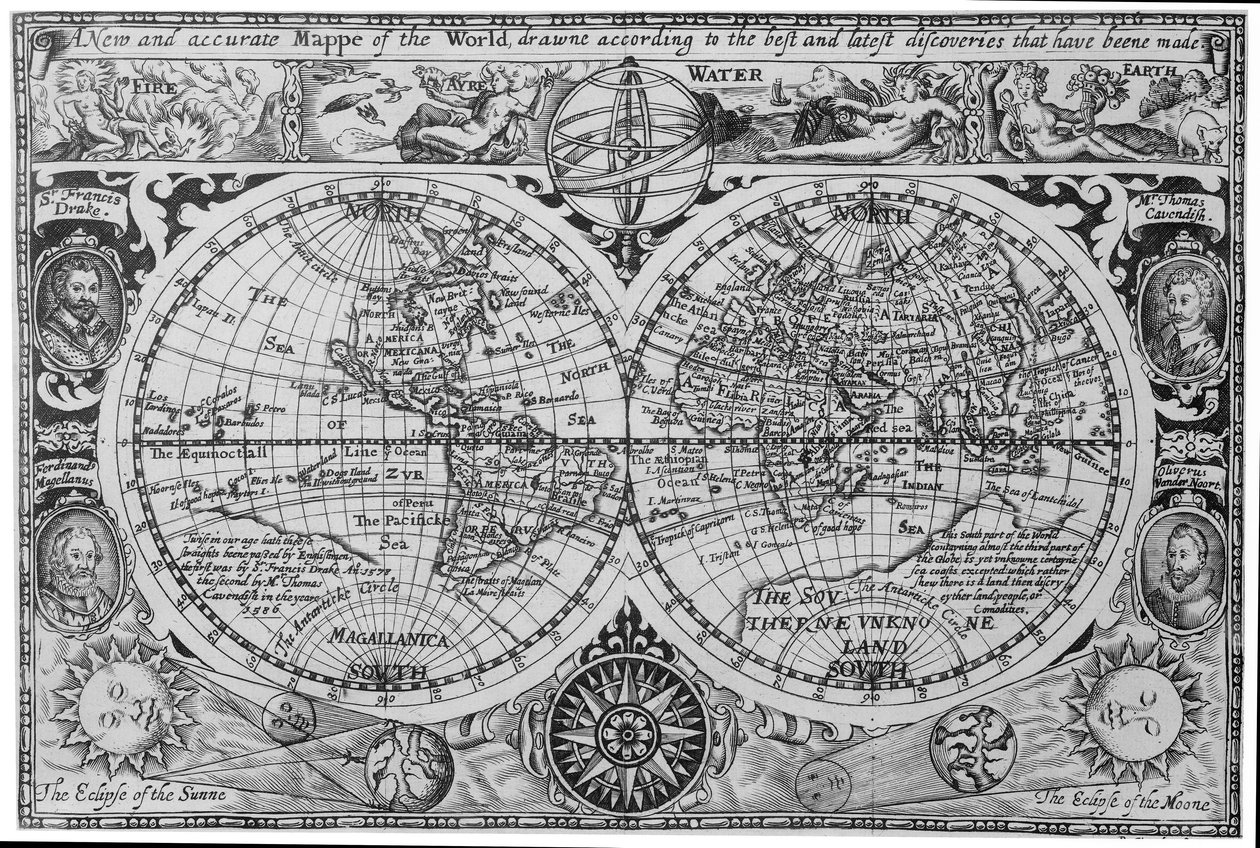Mapa světa z počátku 17. století, podle Mercatora, s vloženými portréty objevitelů (Drake, Magellan, Thomas Cavendish a Oliver van der Nort), živly a zatměními. od Unknown artist