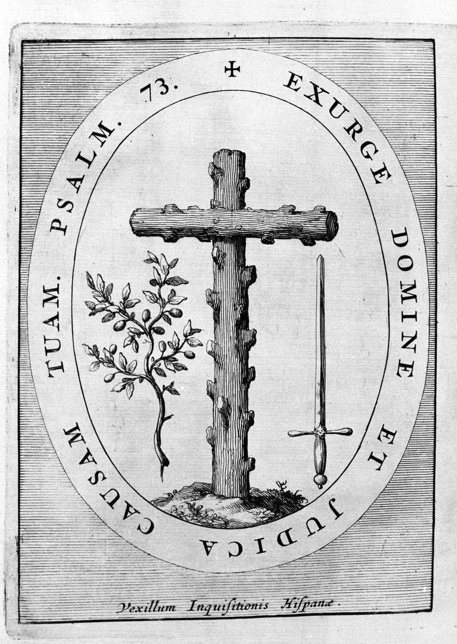 Znak španělské inkvizice: kříž, olivová ratolest a meč. 17. století od Unknown artist