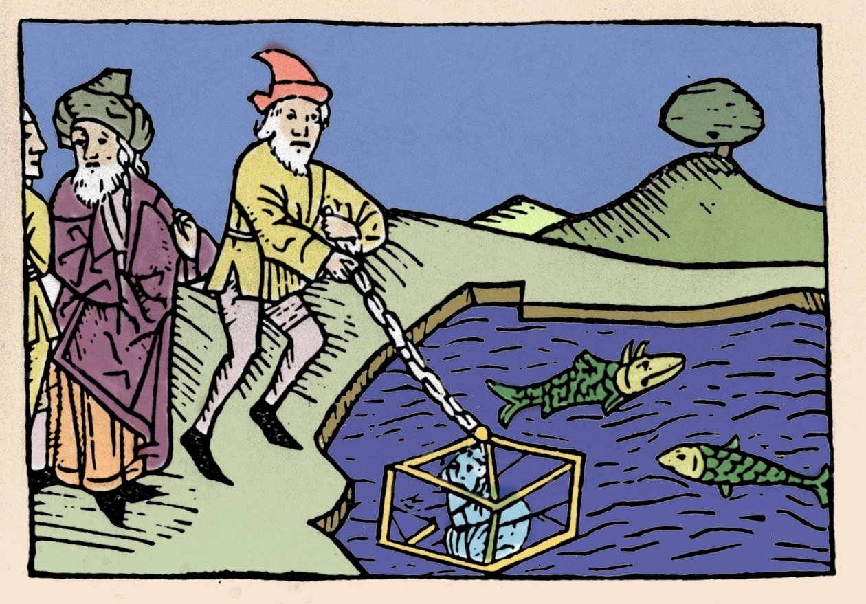 Císař Alexandr Veliký (356-323 př. n. l.) vložil do moře v sudu (zvon). Xylografie 15. století. od Unknown artist
