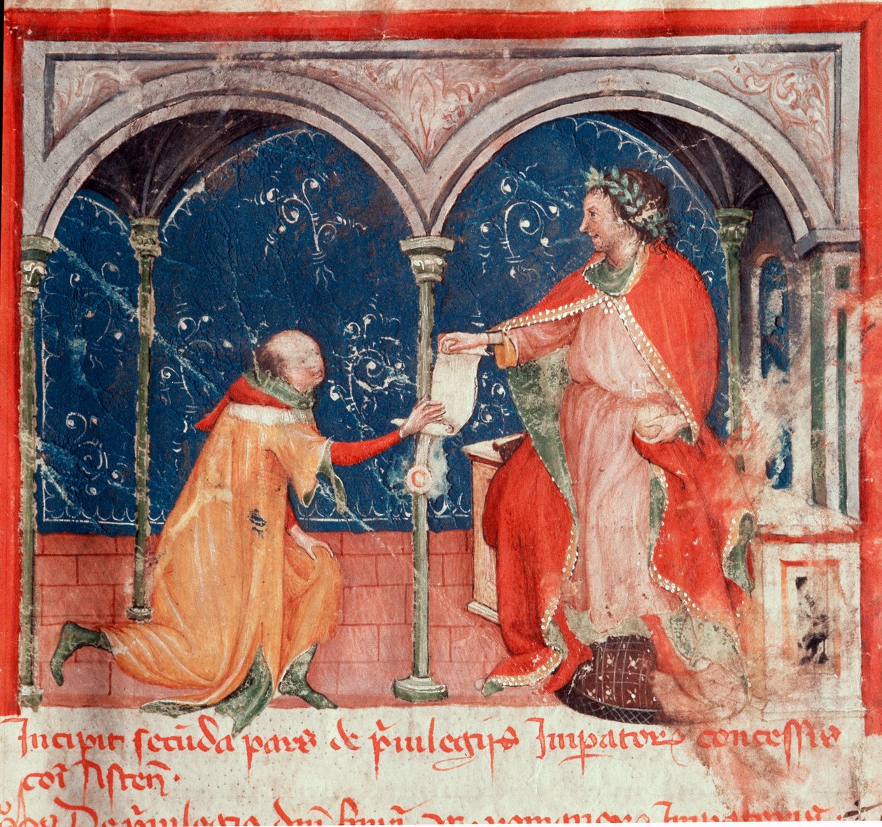 Císař Fridrich II. z Hohenstaufenu (1194-1250) pojímající privilegia městu Asti Miniatura převzatá z „Codex Astensis“ (nebo Malabayla), kronik o městě Asti mezi lety 1065 a 1353. 14. století. Zachovat ve starostovi Asti od Unknown artist