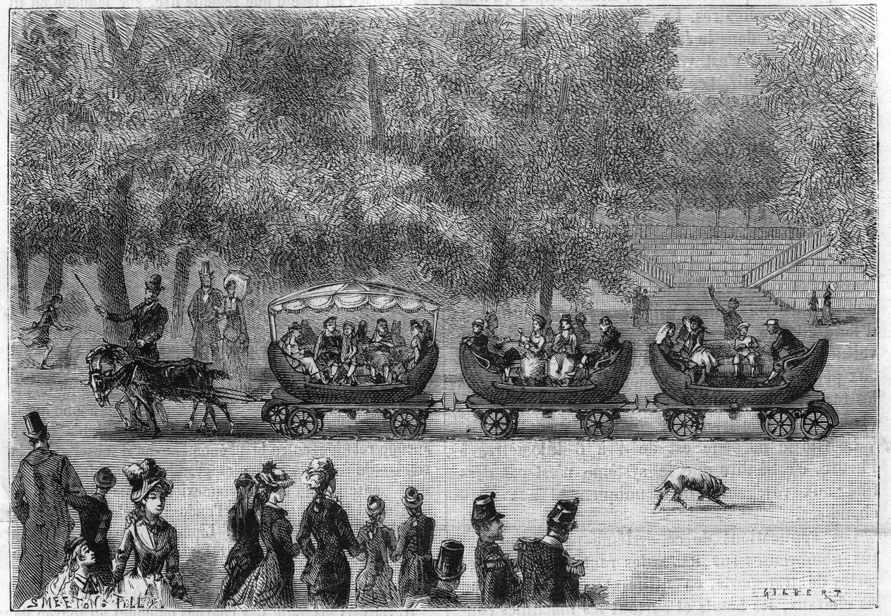 Nekonečné koleje přizpůsobené vlaku vozů tažených kozami v Tuileries Garden v Paříži (přírodně). Rytina v „“ La Nature: revue des sciences et de leurs applications aux arts et a l