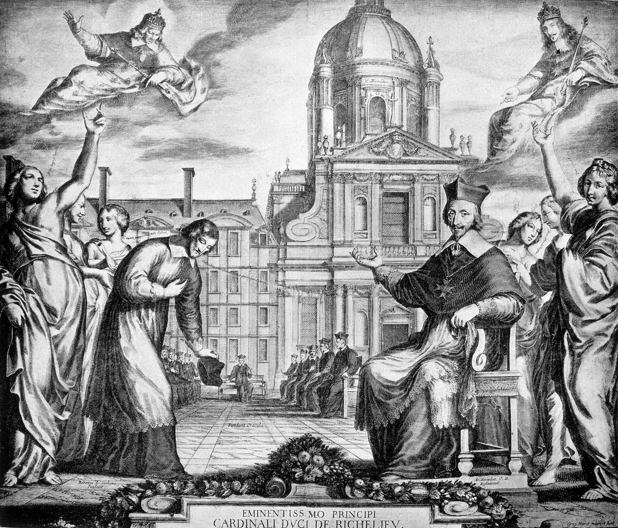 Rytina ke slávě kardinála Richelieu pro znovuzřízení pařížské Sorbonny, zadaná Lemercierovi, dokončena v roce 1642. od Unknown artist