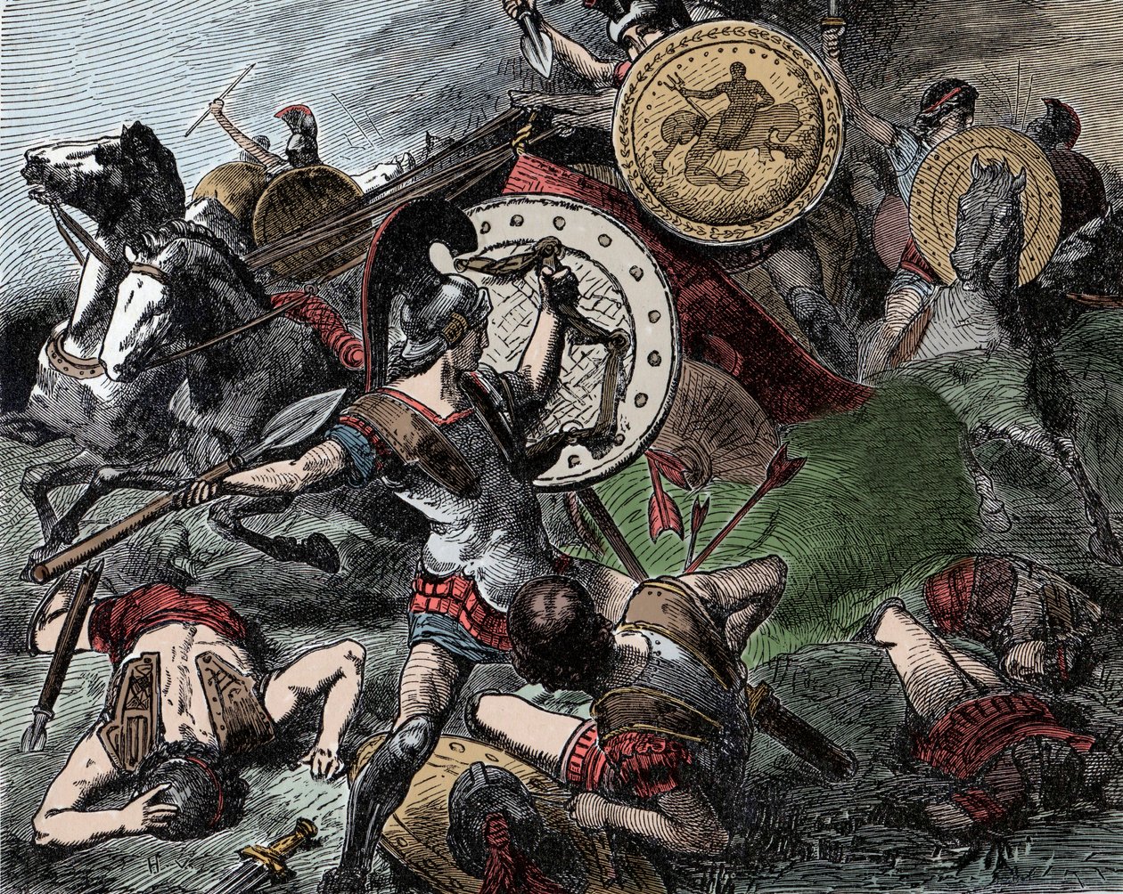 Epaminondas zachraňuje Pelopidas - starověké Řecko: Epaminondas (418-362 př.nl) zachraňuje Pelopidas (420-364 př.nl) během války v Korintu (395-387 př.nl) od Unknown artist