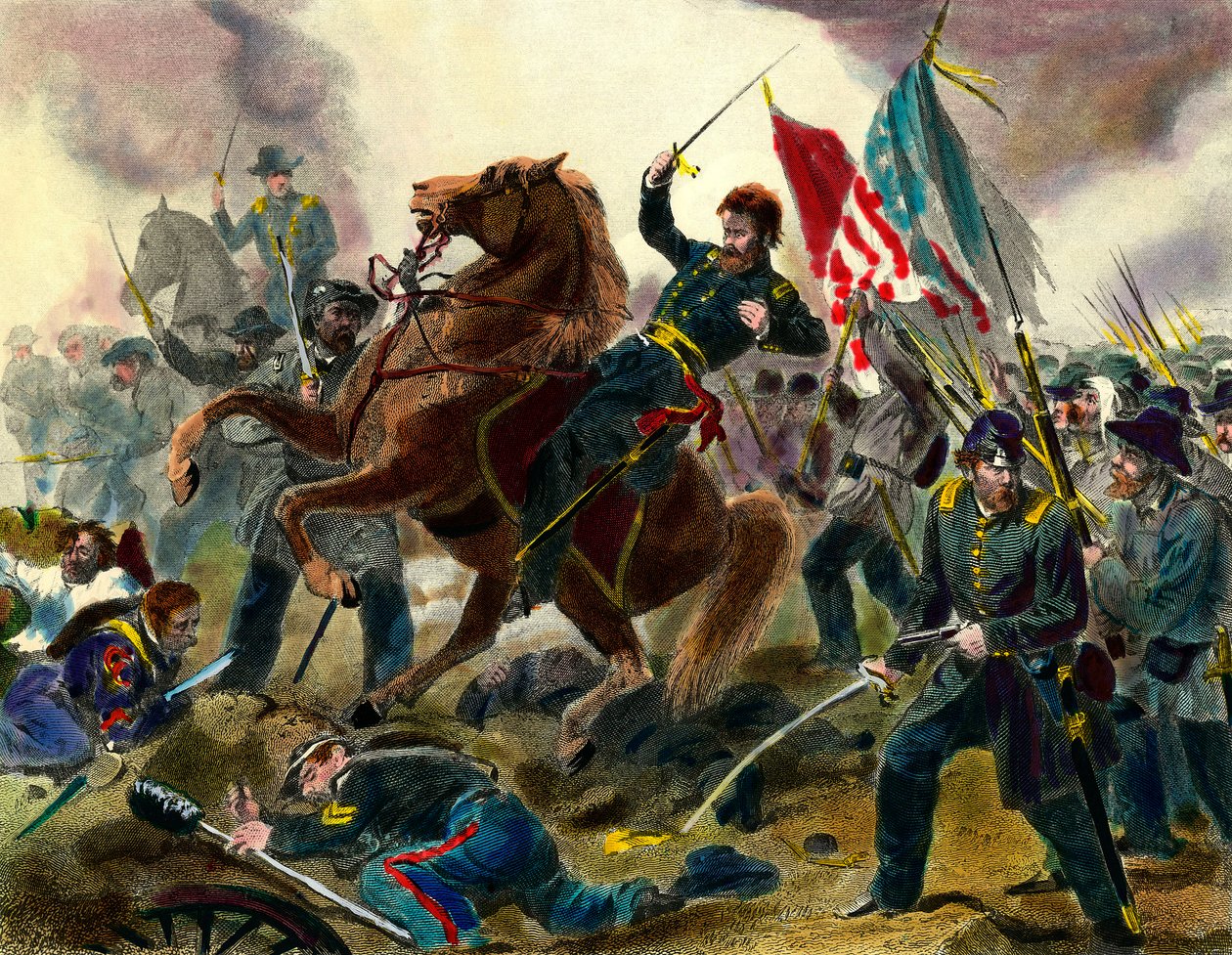 Episode of the Secession War (1862-1865) nebo Civil War in the United States: American General of Union Forces Ulysses Simpson Grant (1822-1885) během bitvy proti jednotkám států konfederace. Rytina 19. století Private Collecti od Unknown artist