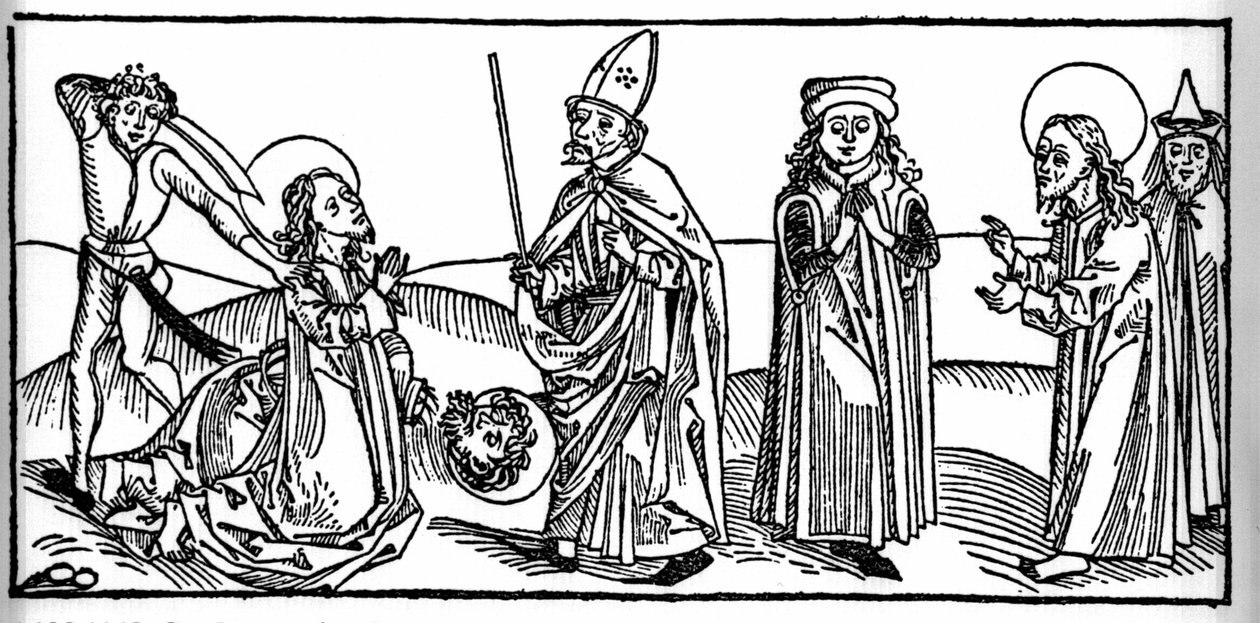 Epizoda ze života svatého Jakuba Majora: světec je sťat pod očima judského krále Heroda z Agrippy. Rytina z „Leben der Heiligen - sommerteil“ (Kniha světce) od Jacoba (Jakuba) z Voragine (1228-1298). Lubeck 1488. od Unknown artist