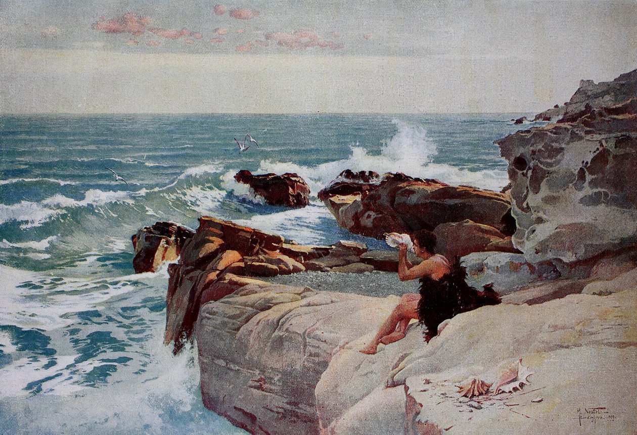 Večer u moře, mladý muž s velkou mušlí sedí na pobřeží od Unknown artist