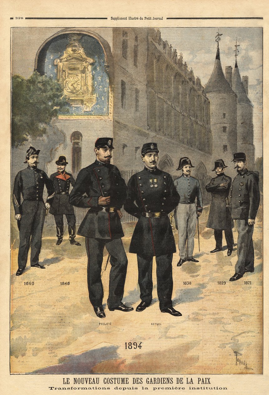 Vývoj uniforem mírových jednotek (nebo městských seržantů) od roku 1860 do roku 1894 před hodinovou věží Concierge v Paříži. Rytina v „“Le petit journal““ 09/1894. Selva sbírka. od Unknown artist