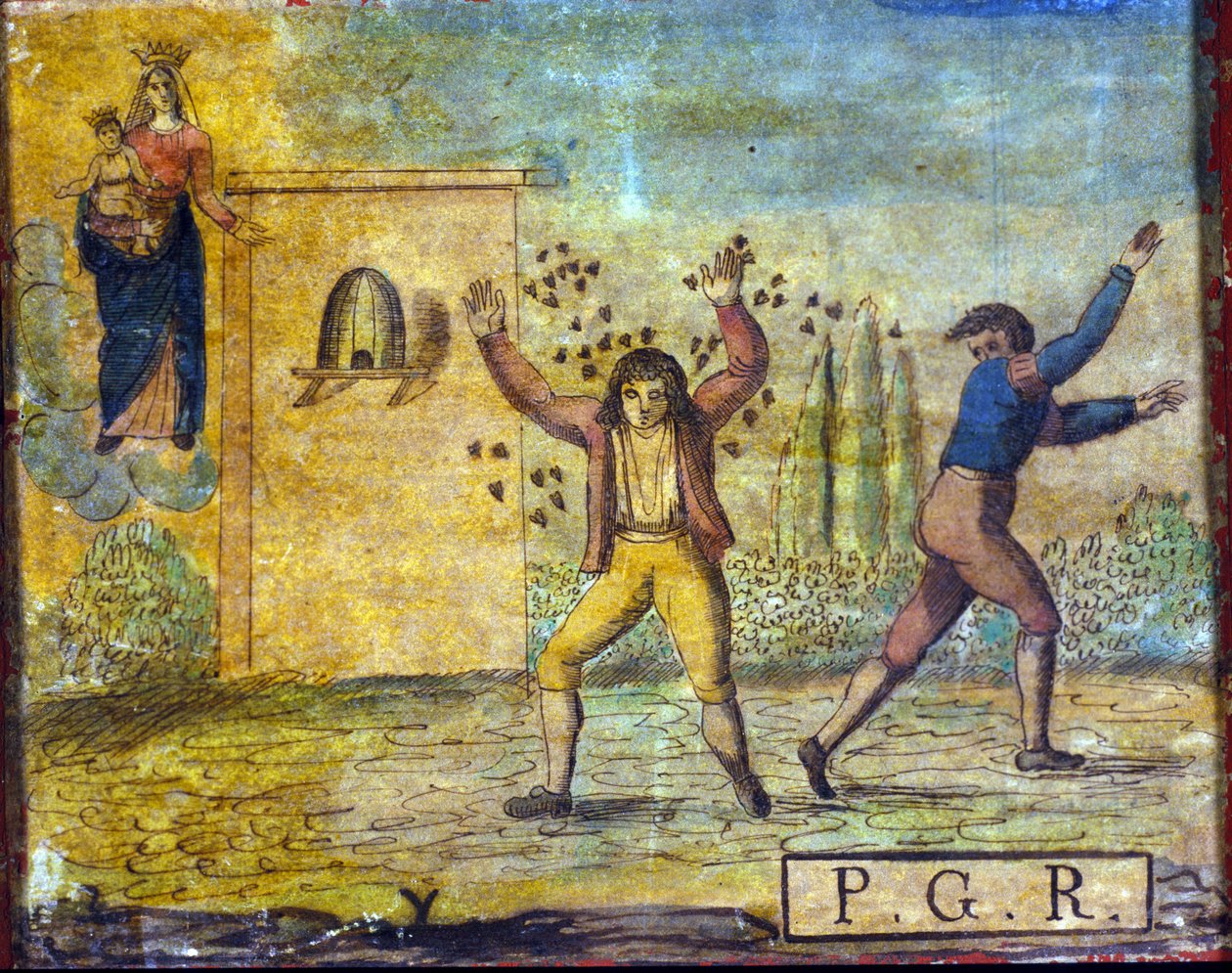 Ex voto z počátku 19. století představující člověka napadeného včelami. od Unknown artist