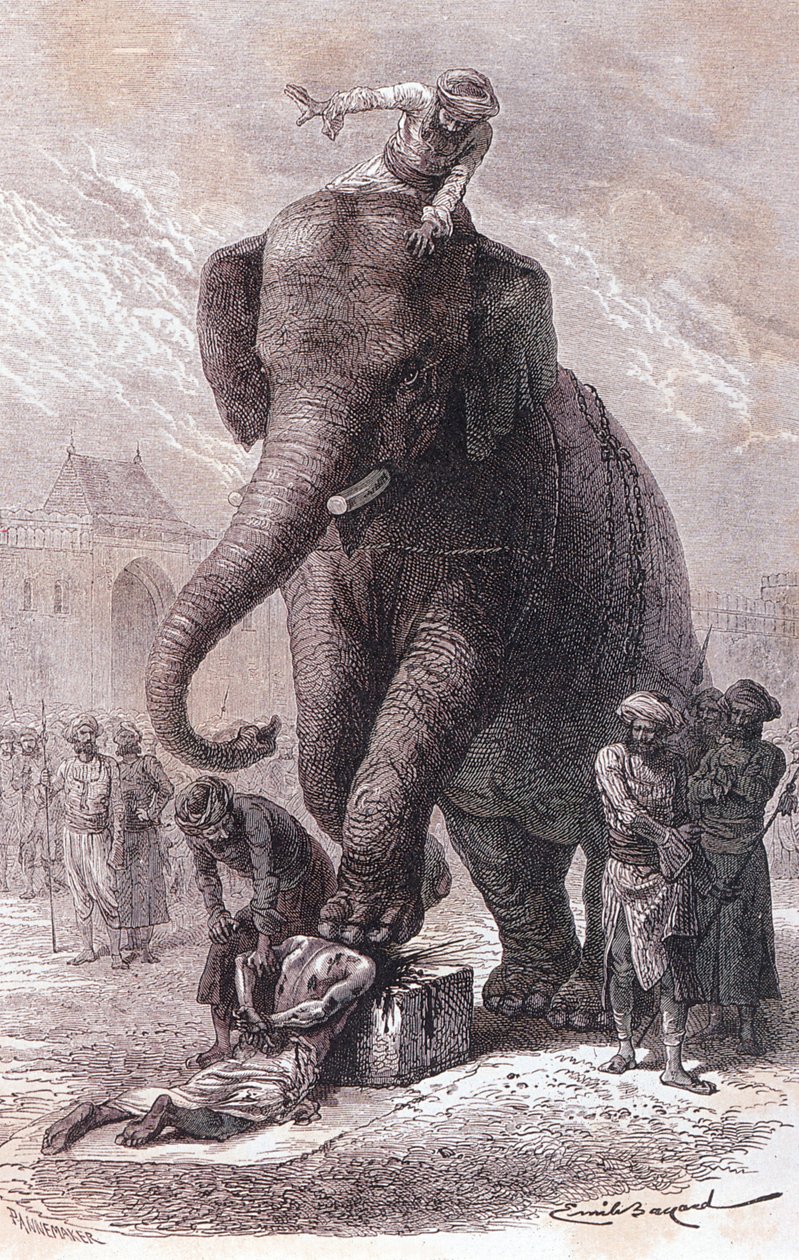 Poprava v Indii: Zločinci jsou popravováni: hlavu jim drtí slon vedený svým karnakem, rytina 1875 od Unknown artist