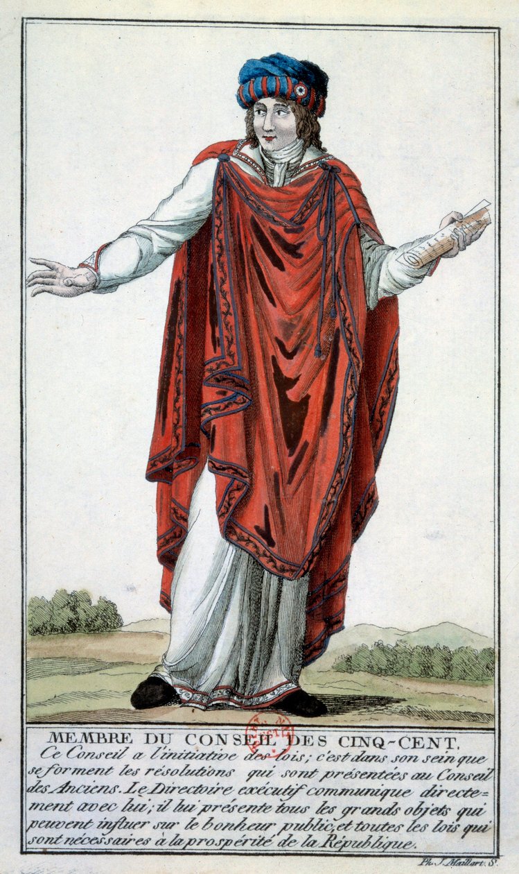 Výkonná rada: Kostým jako člen pěticentové rady. Rytina Paříže 18. století, B.N. od Unknown artist