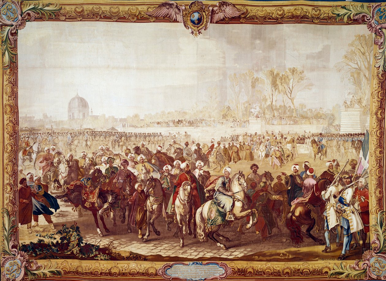 Odchod tureckého velvyslance Mehmeta Effendiho z Tuilerijské zahrady po audienci udělené králem Ludvíkem XV. 21. 3. 1721 tapisérie z 18. století. Paříž, národní nábytek od Unknown artist