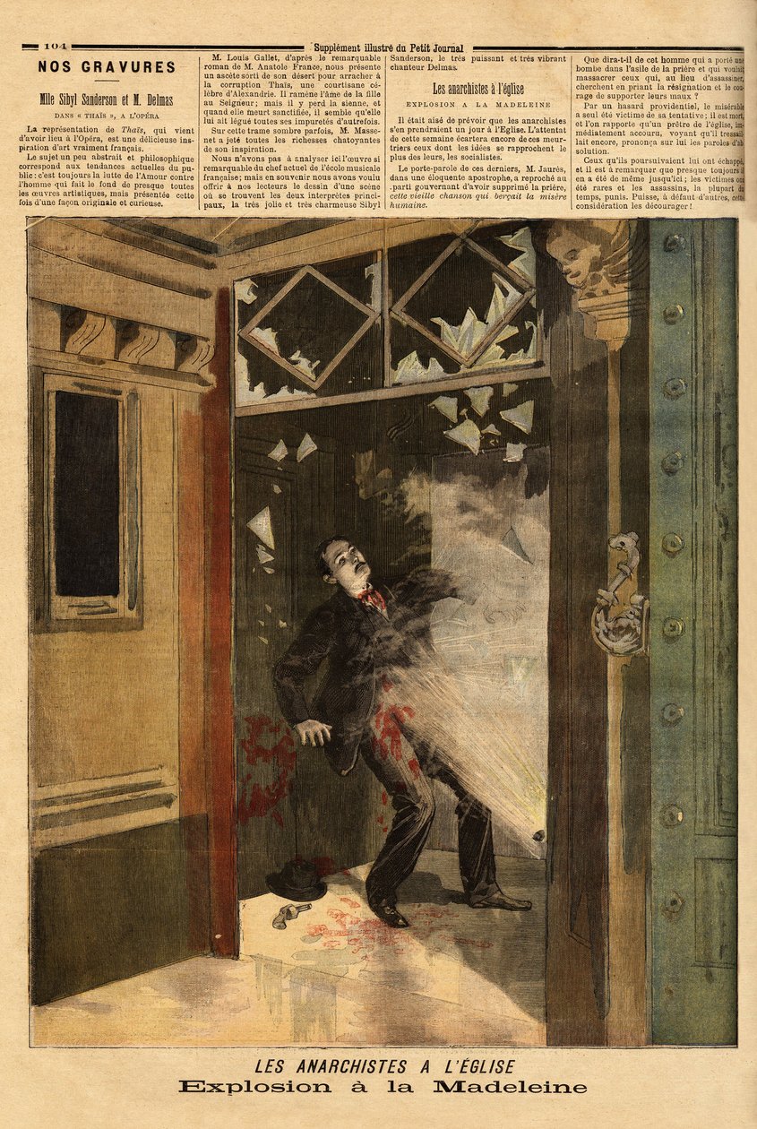 Výbuch v kostele La Madeleine v Paříži, anarchistický zločinec, jediná oběť, má účinky vlastní bomby. Rytina v “” Le petit journal”” 26/03/1894. Selva sbírka. od Unknown artist