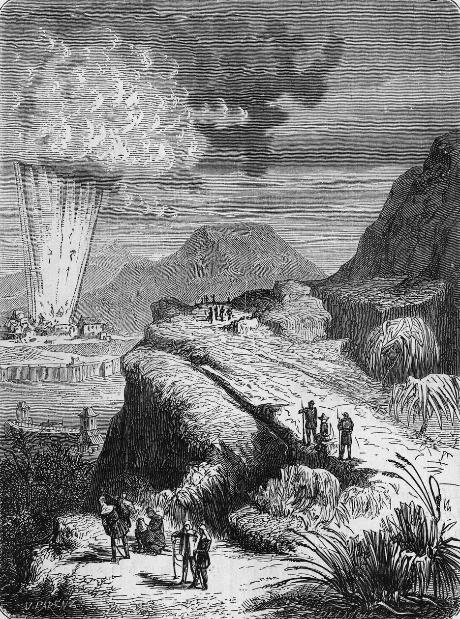 Exploze Fort Pei-Ho, Čína, kvůli stroji zapálenému Ruhmkorffovou cívkou. In “Album de la Science””, Éditions Jouvet od Unknown artist
