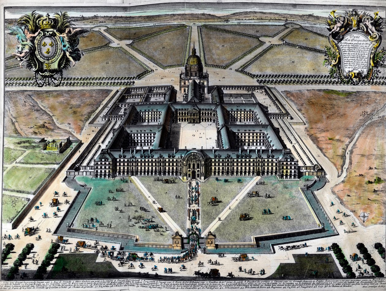 Vnější pohled na hotel des Invalides v Paříži v 18. století. Rytina 18. století. Soukromá sbírka. od Unknown artist