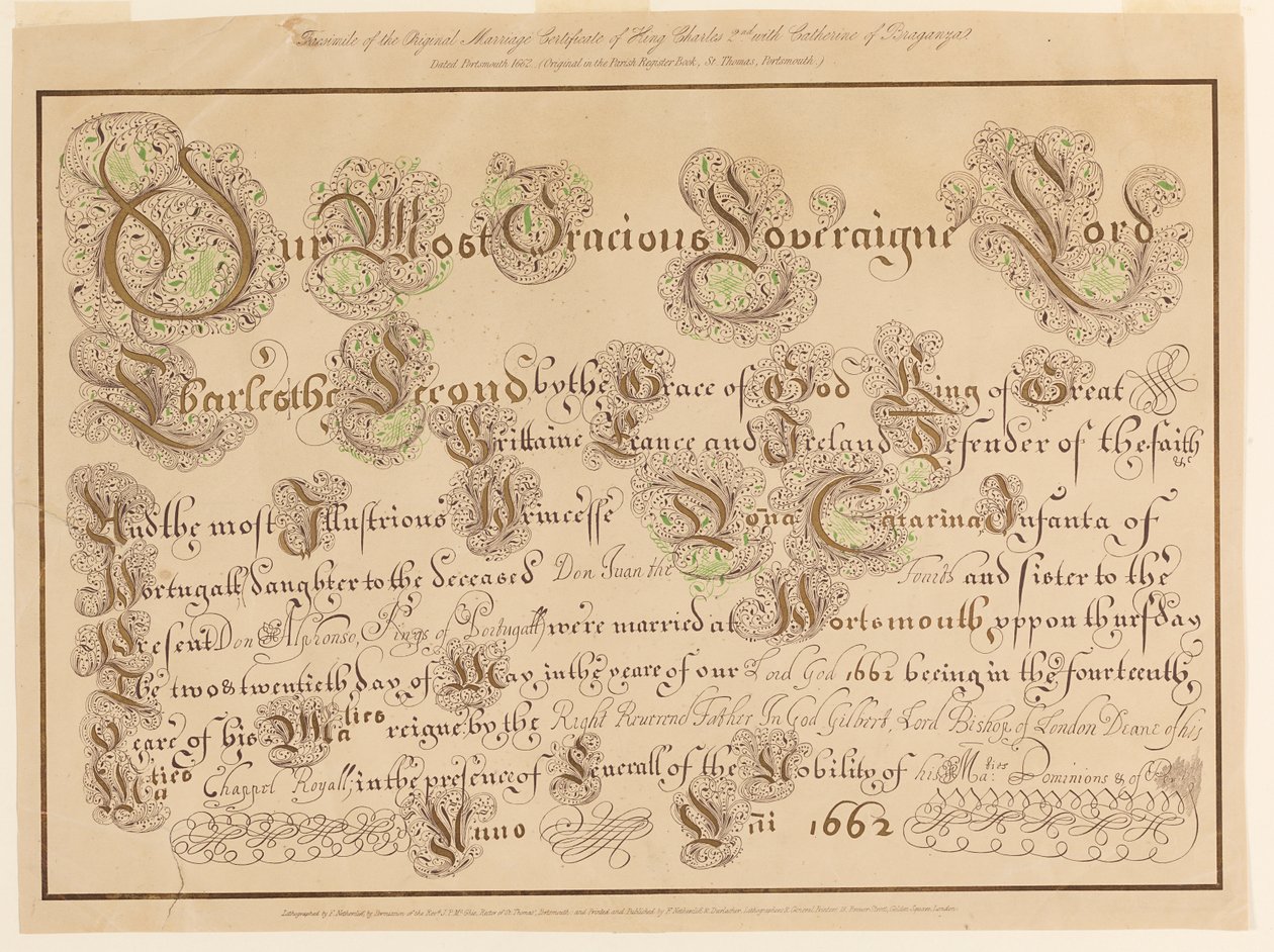 Faksimile originálu oddacího listu Karla II. a Kateřiny Portugalské od Unknown artist