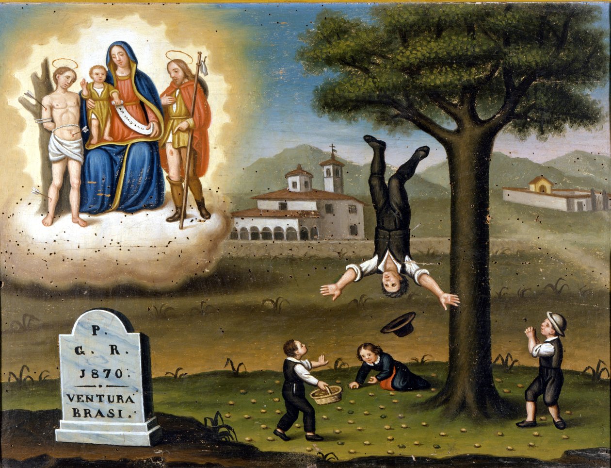 Pád stromu. Vlevo nahoře Madonna mezi San Sebastianem a San Rochem. Ex voto z roku 1870. od Unknown artist