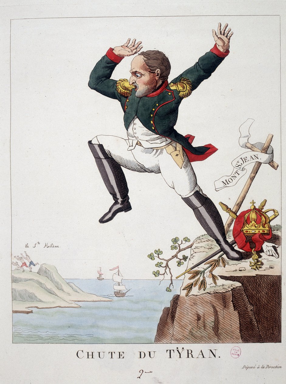 Pád tyrana: Napoleon skočí z Mount St John (Bitva u Waterloo) na ostrov St. Helene - v „“ Napoleon 1., karikatury, sbírka figurín““, od Unknown artist