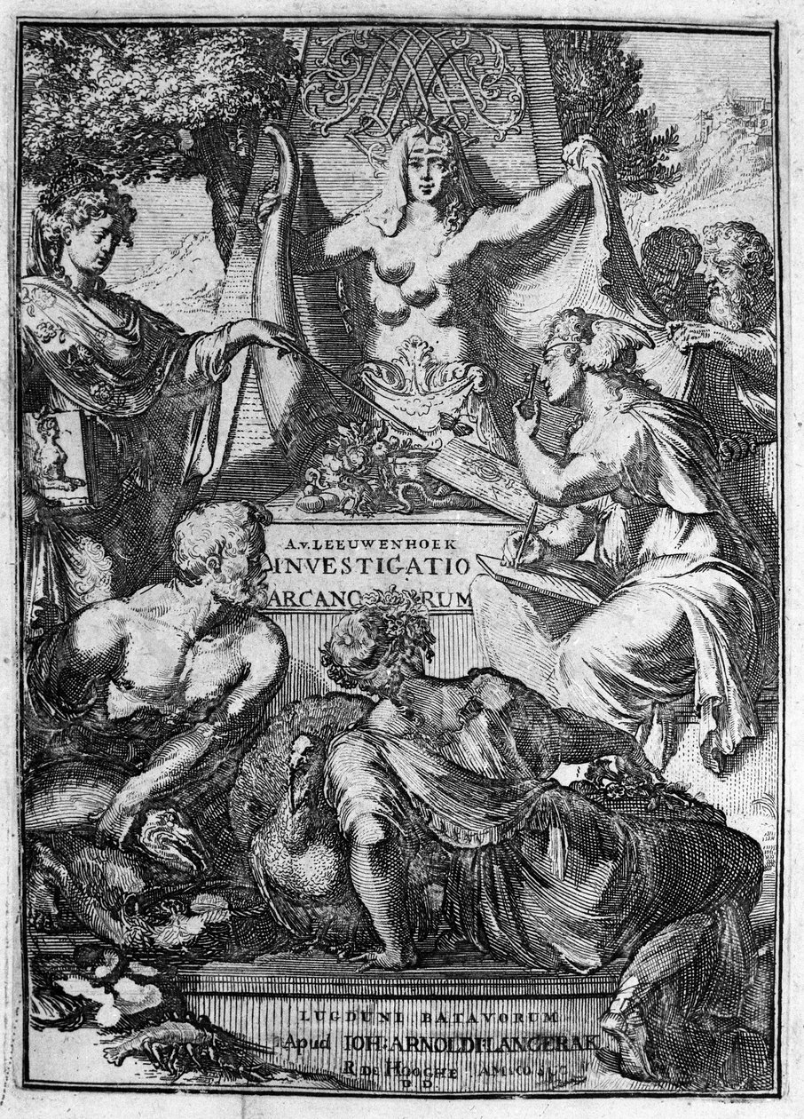 Falešný název díla „Investigato Arcanorum“ od holandského obchodníka a učence Antoina van Leeuwenhoeka (nebo Leeuvenhoek Leeuwenhoeck) (nebo Antoniho nebo Anthonie) (1632-1723) 1722. od Unknown artist