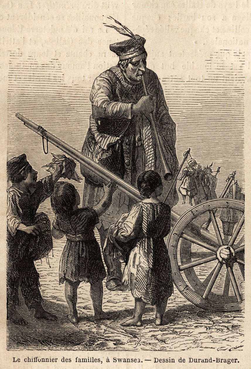 Rodinný hadr ve Swansea. Kresba Duranda Bragera pro ilustraci návštěvy velkých továren ve Walesu v roce 1862 od L. Simonina. Rytina v „“Le tour du monde““, editoval Edouard Charton od Unknown artist