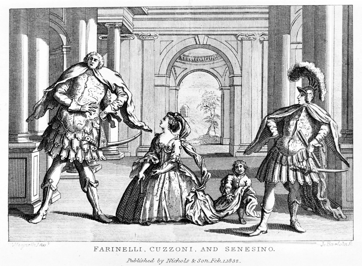 Farinelli (Carlo Broschi, dit; 1705 - 1782) se sopranistkou Cuzzoni a kastrátem Francescem Bernardem Senesinem (1680 - 1750) v opeře George Fredericka Händela (Georg Friedrich Handel od Unknown artist