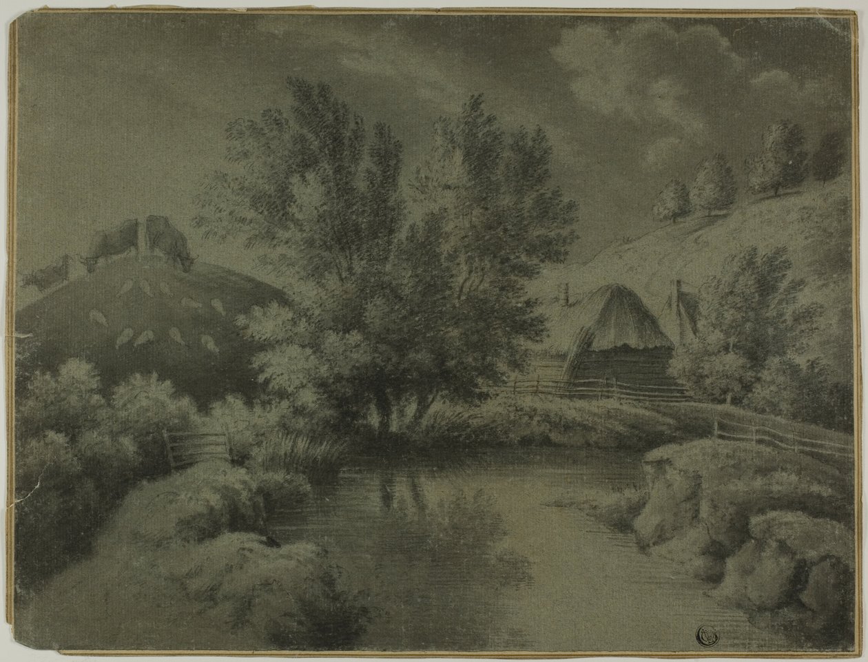 Farma s rybníkem v popředí, krávy pasoucí se na kopci od Unknown artist