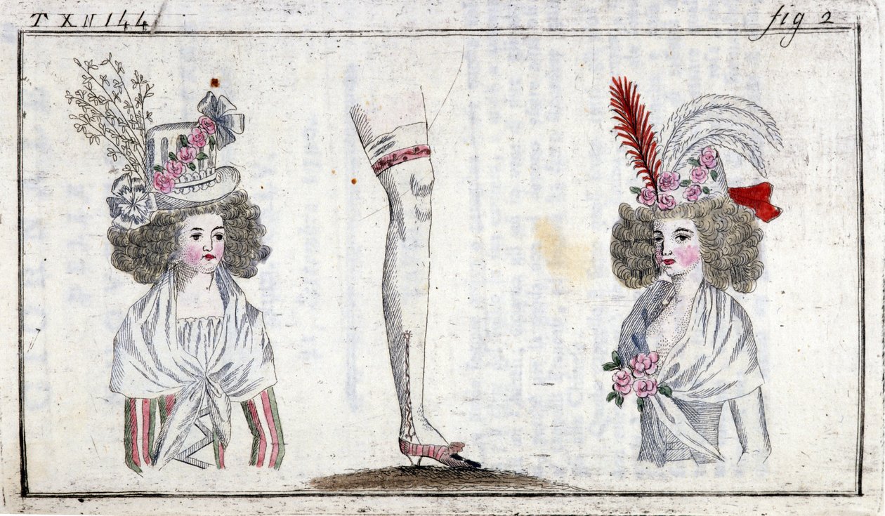 Móda 18. století: účes a podvazek žen kolem roku 1788. od Unknown artist