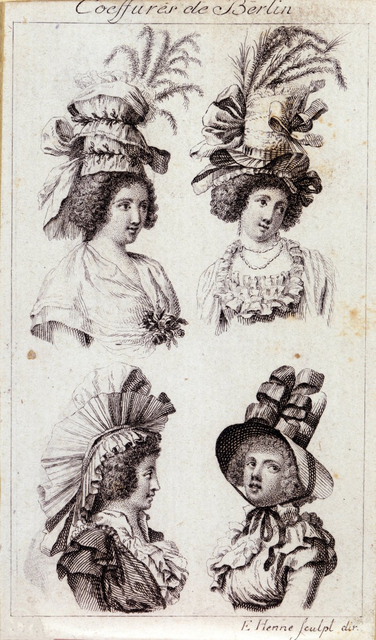 Móda 18. století: klobouky berlínských žen. Rytina z roku 1793. od Unknown artist
