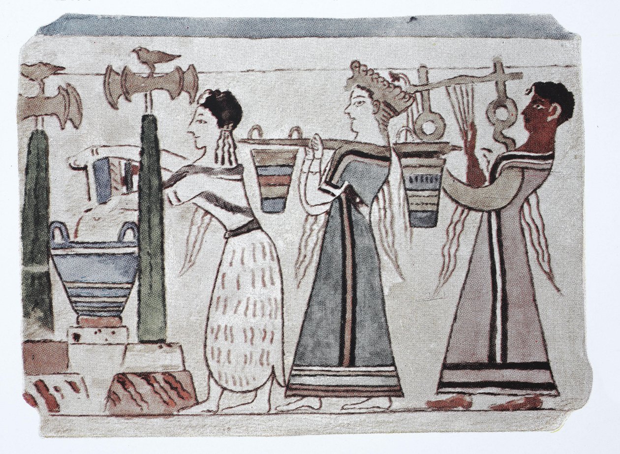 Móda, egejská fénická kultura, 2000-500 př. n. l. Ženy s kbelíky na vodu za harfistou od Unknown artist