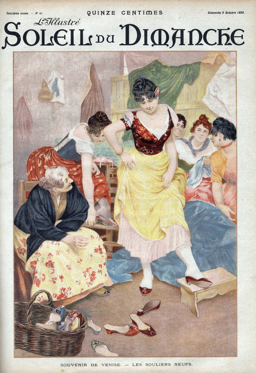 Móda konce 19. století: nové boty z Benátek. Ženy zkoušející boty z italského města. Rytina v „“Le sun-du-dimanche“, 8. října od Unknown artist
