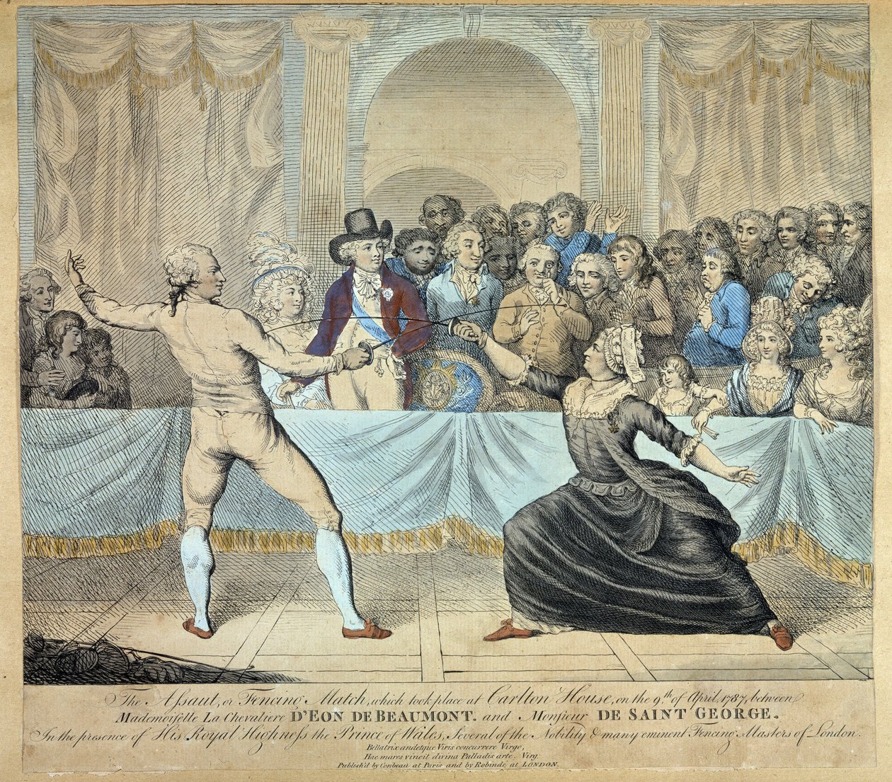 Šermířský souboj mezi rytířem Eon de Beaumont a Monsieur de Saint George, 9. dubna 1787. Rytina od Unknown artist
