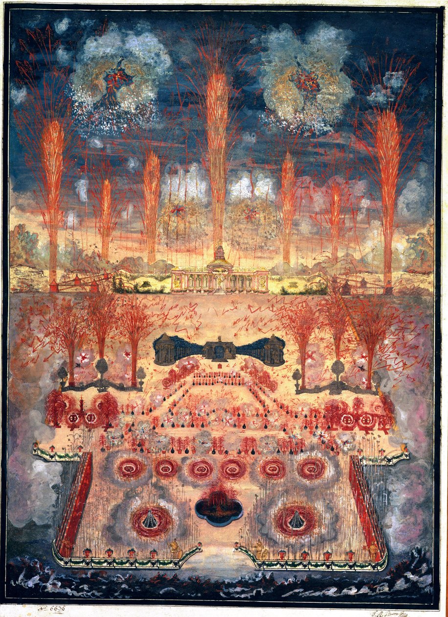 Ohňostroj a iluminace 16. června 1744 v Moskvě (Rusko). Anonymní práce, akvarel a kvaš na kartonu, polovina 18. století. Rokokové umění. Státní historické muzeum, Moskva. od Unknown artist