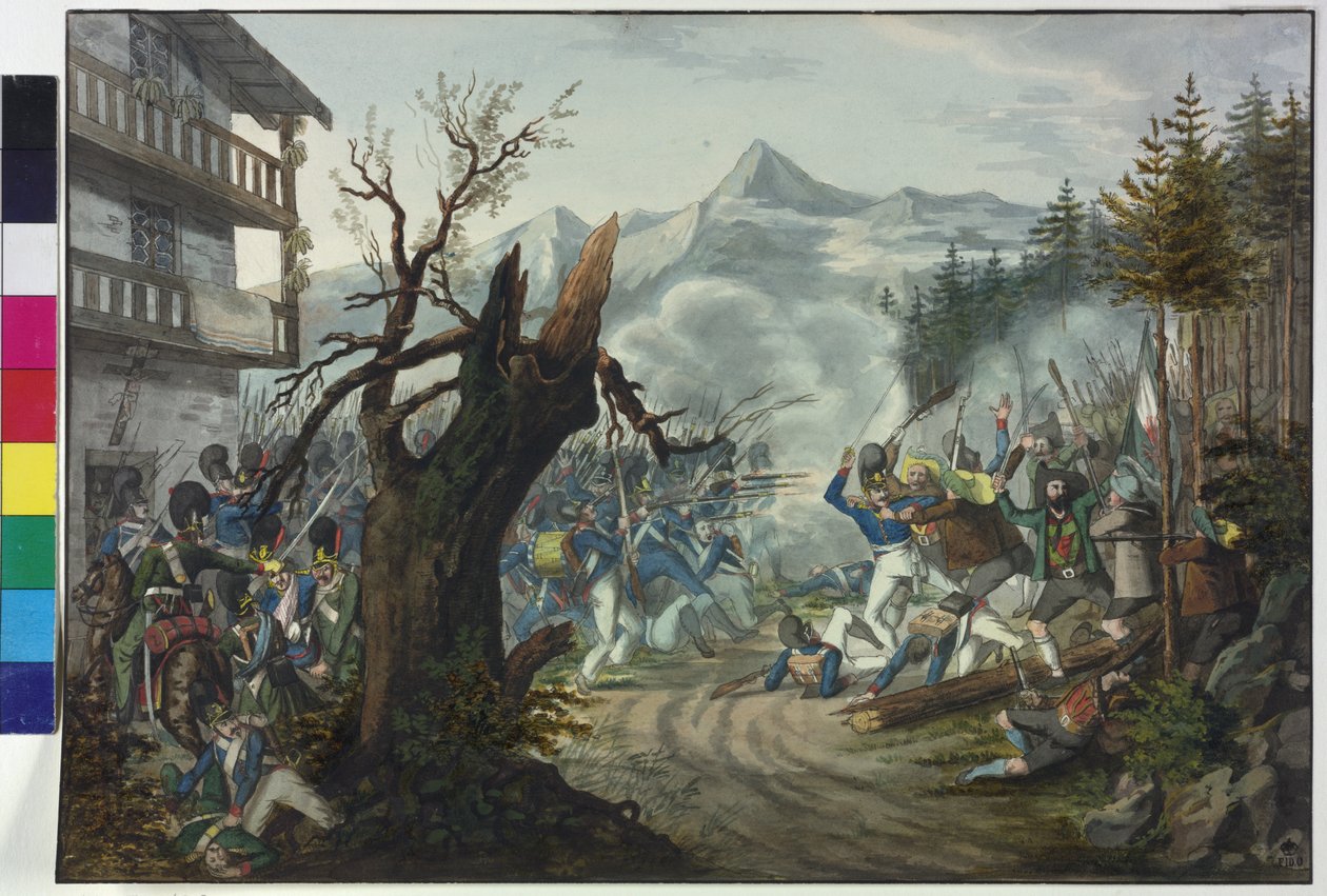 Boj mezi bavorskými vojáky a tyrolskými sedláky od Unknown artist