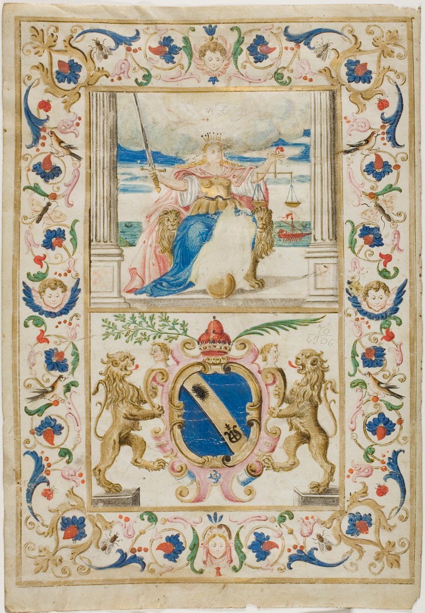 Postava spravedlnosti a štítu s řádícími lvy od Unknown artist