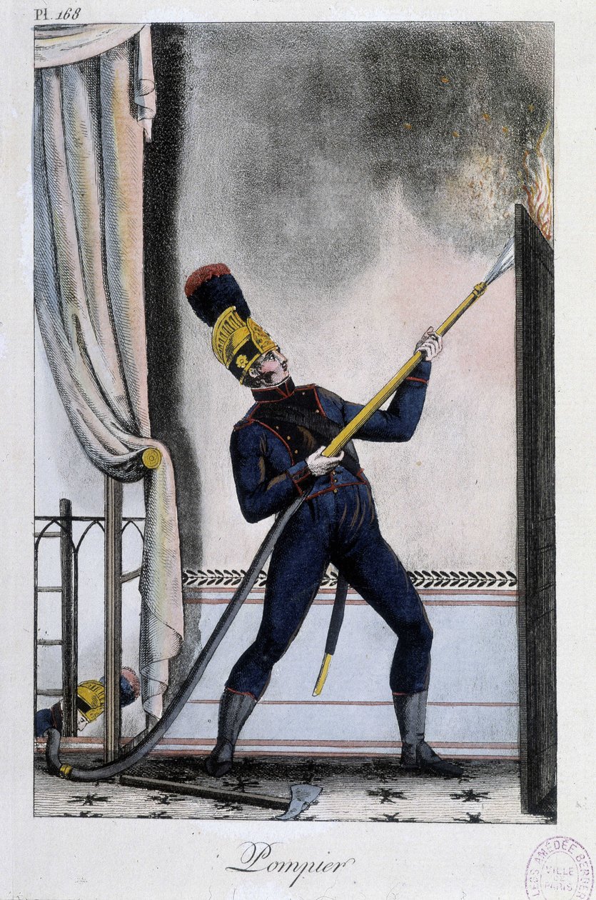 Hasič s vodní kopí, hašení požáru - ca. 1830 od Unknown artist
