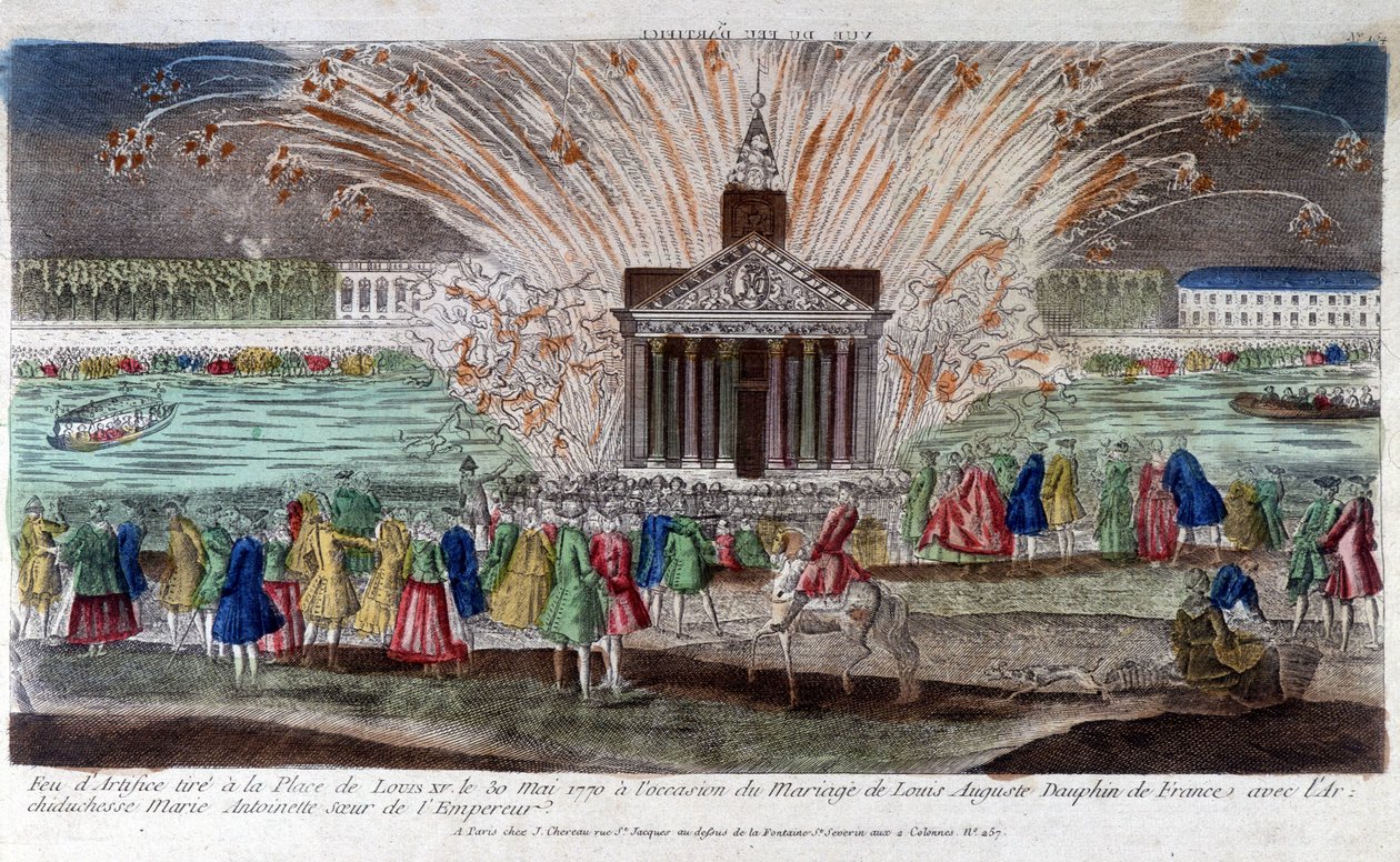 Ohňostroj odpálený na Place de Louis XV dne 30. května 1770 u příležitosti sňatku Ludvíka Augusta, francouzského dauphina s arcivévodkyní Marií Antoinettou, sestrou císaře. Rytina konce 18. století. od Unknown artist